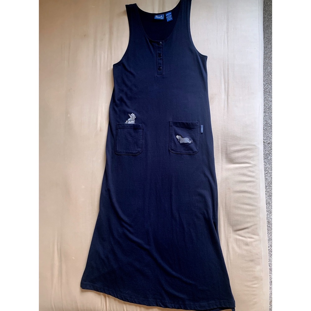 VTG 90s Disney Pooh Eeyore Embroidered Henley Maxi Jumper Dress M Cotton Knit